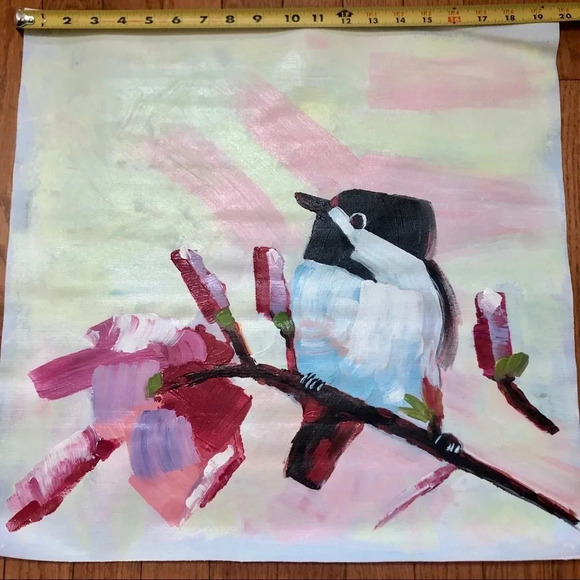 Bird in branch painting unstretched oil on canvas 20 x 20 in - Picture 2 of 8
